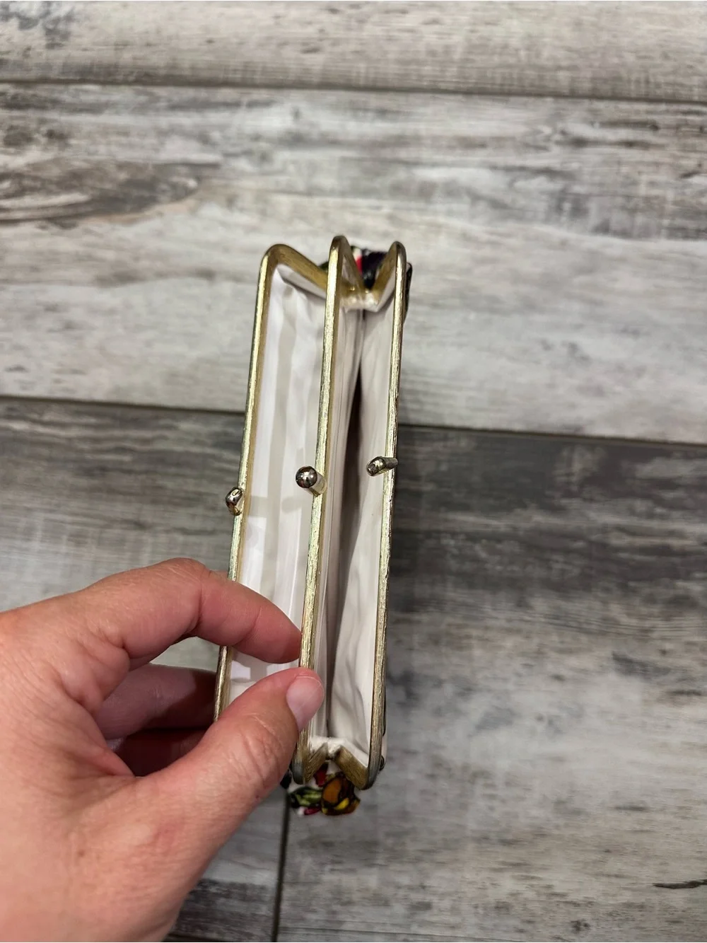 Floral Kiss-Lock White Clutch with Gold Frame